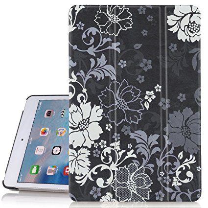 iPad mini 4 Case, Hocase PU Leather Smart Case w/ Cute Floral Print, Auto Sleep/Wake Feature, Microfiber Lining Hard Back Cover for iPad Model A1538/A1550 (2015) - Black/White Flowers