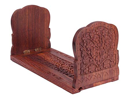 Expandable & Foldable Rosewood Book or CD Stand Rack Holder with Intricate Floral Carvings, 13 x 5 x 6.5 Inches