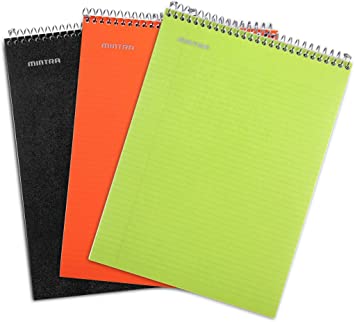 Mintra Office Top Bound Durable Spiral Notebooks - (Black, Green, Orange, College Ruled) 3 Pack - Strong Back, Left-Handed, 100 Sheets, Moisture Resistant Cover, School, Office, Business, Professional