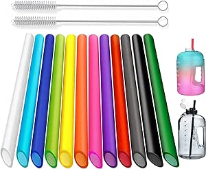 ALINK 12 PCS Reusable Plastic Boba Straws, 13 inch Extra Long Wide Smoothie Straws for 1 Gallon, 64/32 oz Water Bottles, Bubble Tea, Tapioca Pearls with 2 Brush - Pointed Design