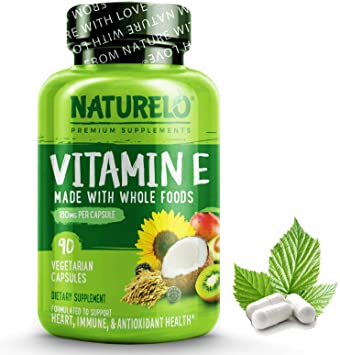 NATURELO Vitamin E - 180 mg (300 IU) of Natural Mixed Tocopherols from Organic Whole Foods - Best Supplement for Healthy Skin, Hair, Nails, Immunity, Eye Health - Non-GMO, Soy free - 90 Vegan Capsules