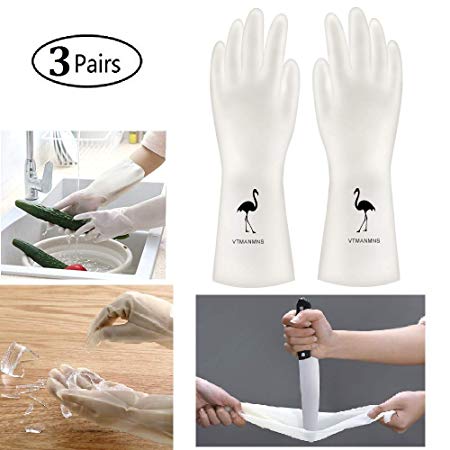 Rubber Gloves for Household Cleaning Gloves, Durable Kitchen PVC Gloves for dishwashing Waterproof & Latex Free (3 Pairs)(PVC01-Flamingo, L)