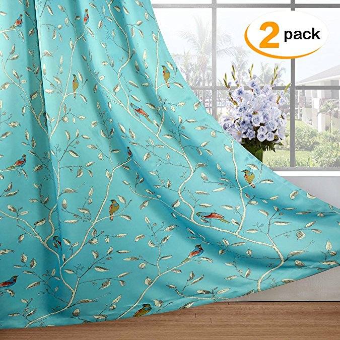 H.Versailtex Thermal Insulated Blackout Window Room Grommet Indoor Curtains-52 inch Width by 96 inch Length-Set of 2 Panels-Turquoise Blue Birds Pattern