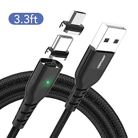 USB Magnetic Cable,JianHan Type C   Micro USB 2 in 1 Multiple Charging Cord with LED Light for Samsung Galaxy S10,S9,S9 Plus,S8,S8 Plus,Note 8,Note 9,S7,S6,S6 Edge,LG,Moto,Kindle,Android Magnetic Phone Charger Cable (Black 3.3ft)