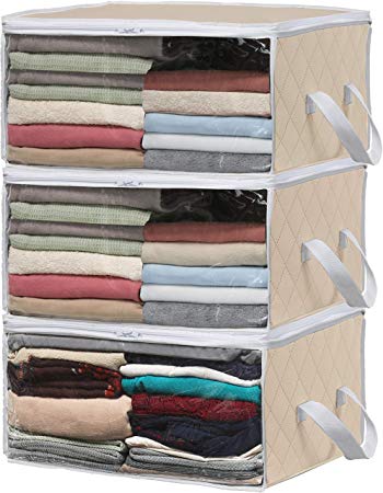 Simple Houseware 3 Pack Foldable Closet Organizer Clothing Storage Box with Clear Window, Beige