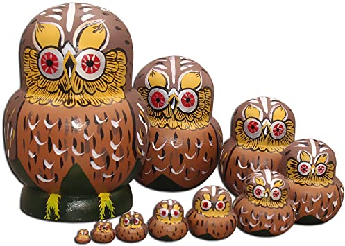 Moonmo Vivid Round Eyes Brown Owl Handmade Wooden Russian Nesting Dolls set 10 pcs Matryoshka Wooden Toys