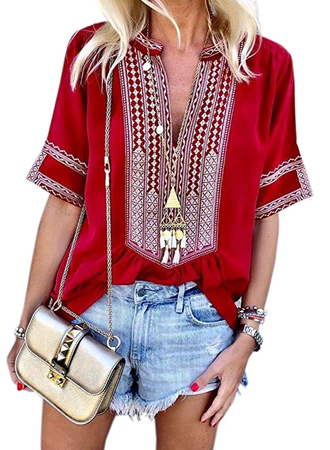 FARYSAYS Women's Summer Boho Embroidered V Neck Short Sleeve Casual T-Shirt Tops Loose Blouse