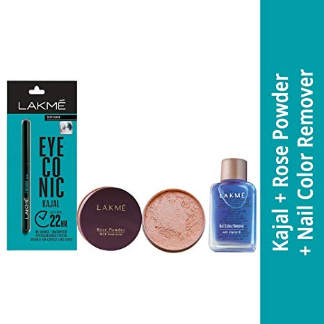 Lakme Eyeconic Kajal, Black, 0.35g with Lakme Rose Face Powder, Soft Pink, 40g and Nail Colour Removal, 27ml