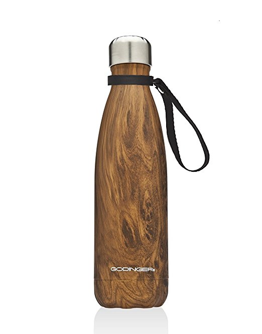 Godinger 17 Oz. Vacuum-insulated Teak Wood Hot/cold Beverage Bottle Drink Water Thermos With Carrying Loop Handle