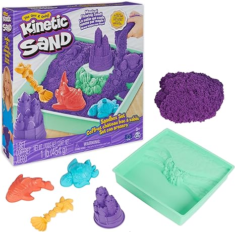 Kinetic Sand Sandbox Set, 1lb Purple Play Sand, Sandbox Storage, 4 Molds and Tools, Sensory Toys, for Kids Ages 3