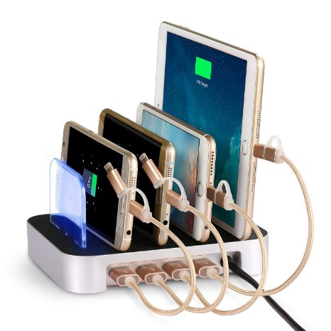 Charging Station, WinTech Detachable Universal Multi-Port USB Charging Station [24W 4-Port USB Charging Dock] Desktop Charging Stand Organizer Fits most USB-Charged Devices (Silver)