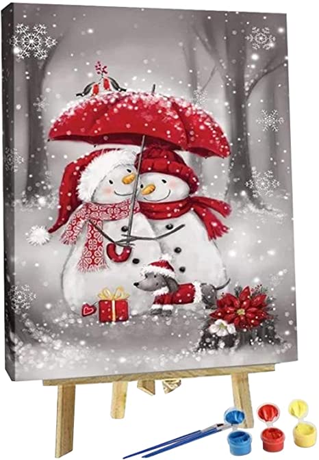 Firstlaw Fitness Paint by Numbers Kit Snowmen with Umbrella Painting Kit with Pigment for Children Adult