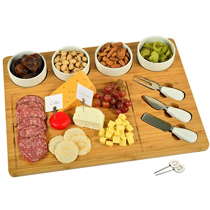 Picnic at Ascot Bamboo Large Cheese/Charcuterie Board with Ceramic Bowls, Stainless Steel Cheese Tools & Cheese markers - 17" x 13"- Designed & Quality Checked in the USA