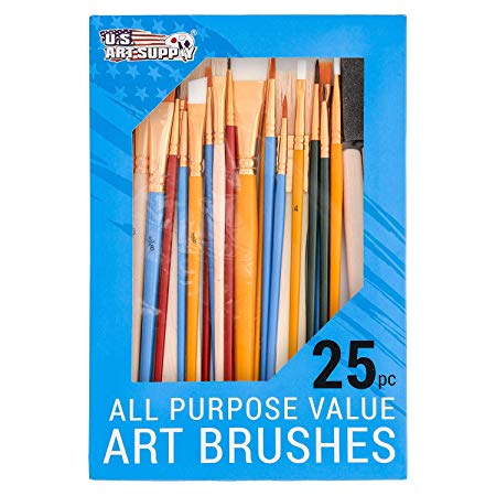 U.S. Art Supply 25 Piece All-Purpose Assorted Artist Paint Brush Set - Use for Acrylic, Oil, Watercolor and Other Paint Mediums