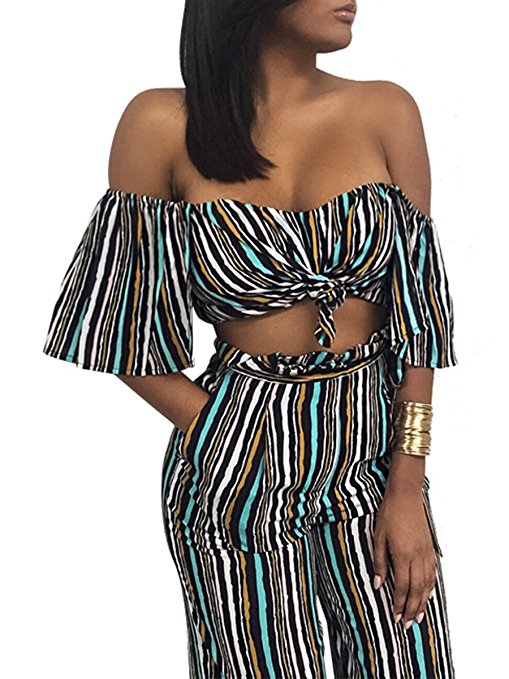 Glamaker Women's Sexy Off Shoulder Striped 2 Pieces Jumpsuit Crop Tops and Pants Set