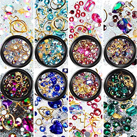 Nail Art Rhinestones Flatback Diamonds Crystals Beads Gems Mixed Colorful for Nail Art Decorations DIY Design (Set 1, 8 Boxes)