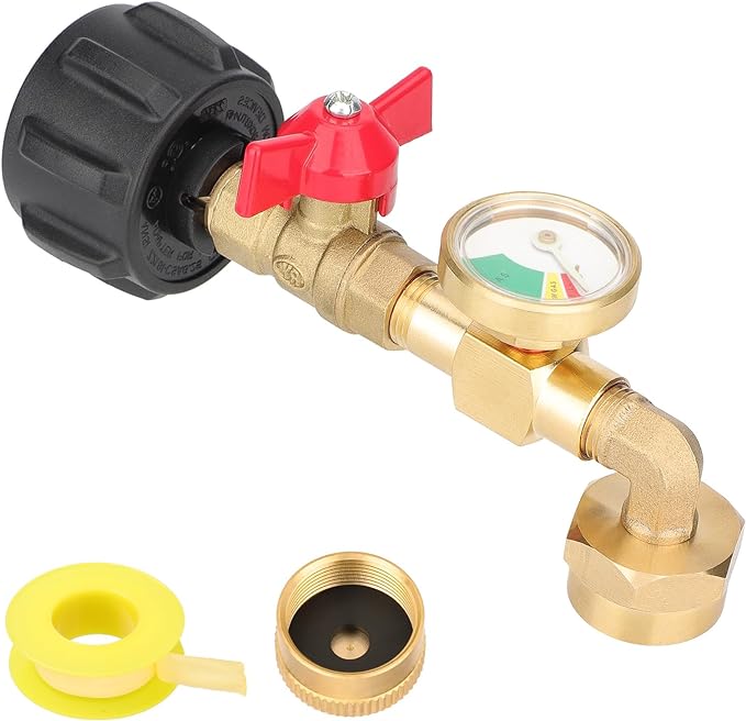 EEEKit QCC1 Propane Refill Elbow Adapter, 90 Degrees Propane Refill Pressure Adapter 1lb to 20lb with Gauge and On-Off Control Valve for Camping Grill 1LB Bottle Refilled Gas from 5~40 LBS Cylinder