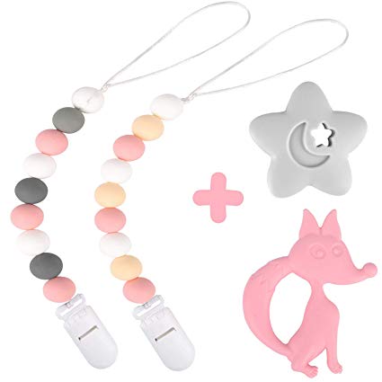 Silicone Pacifier Clip by Dodo Babies Pack of 2   Teething Toy, Premium Teething Bead for Girls Modern Designs Universal Holder Leash for Pacifiers, Teething Toy or Soothie, Baby Shower Gift Set
