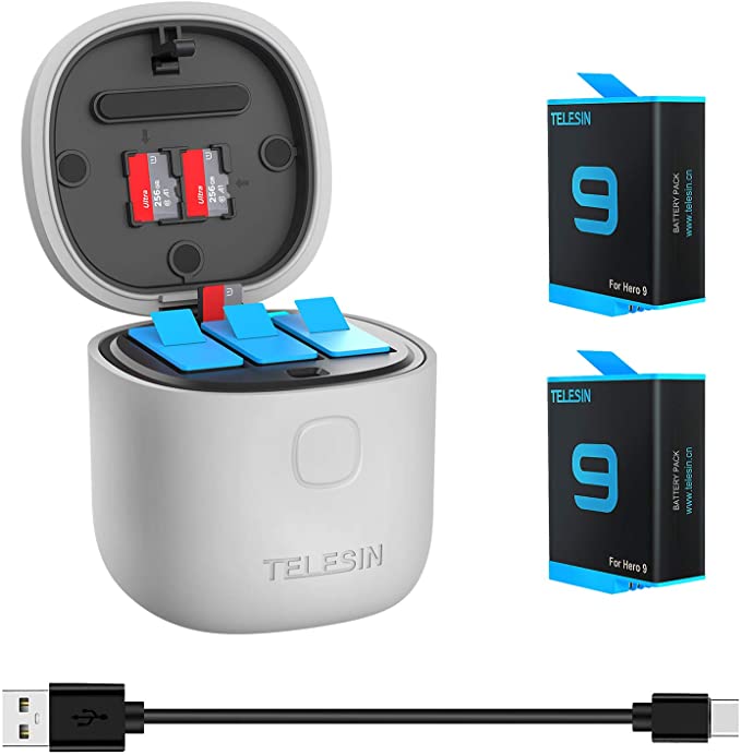 TELESIN 2-Pack Batteries and Allin Box USB Charger for GoPro Hero 9 Black, with High Speed USB 3.0 SD Card Reader Function Waterproof Storage Carry Case Replacement Battery Charger Kit for Go Pro 9