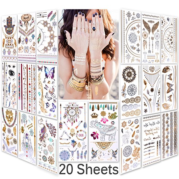 Lady Up Waterproof Metallic Temporary Tattoo 20 sheets in Gold Silver Tattoos,Shimmer Temporary Tattoos for Body Art(Small One)