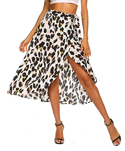 Newchoice Women's Boho Leopard Skirt High Low Split Summer Beach Midi Wrap Skirts