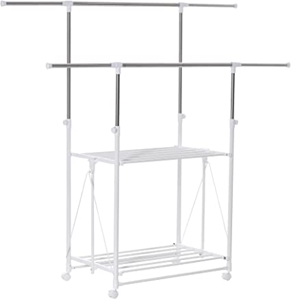 HOMCOM Porte-vêtements Multifonctionnel Porte-Manteaux Pliable à Deux pôles avec 2 étagères Hauteur et Largeur réglables 4 roulettes Grand Rangement 88-157 x 50 x 95-160 cm Blanc