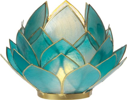 Luna Bazaar Full Bloom Capiz Lotus Candle Holder (4.5-Inch, Turquoise Blue & Gold, Gold-Edged) - For Home Decor, Parties, and Wedding Decorations