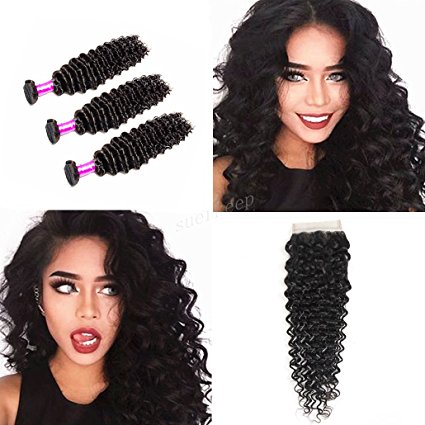 Suerkeep 8A Virgin Brazilian Deep Wave Bundles With Free Part Closure Remy Unprocessed Human Hair Weave Deep Wave Weft Can Be Dyed, Bleached And Restyled (10 12 14 10, Natural Color)
