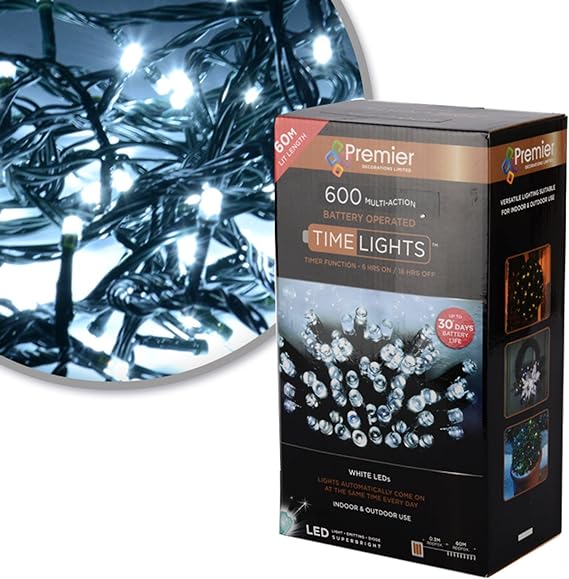 600 White Multi Action Battery Operated LED Christmas Lights inc Timer