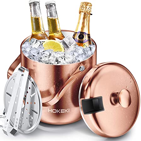 Ice Bucket, HOKEKI Stainless Steel Insulated Double Wall Bar Ice Bucket Set, Included Lid, Tongs and Strainer Keeps Ice Cold & Dry, Great for Home Bar, Chilling Beer, Champagne and wine (Copper)