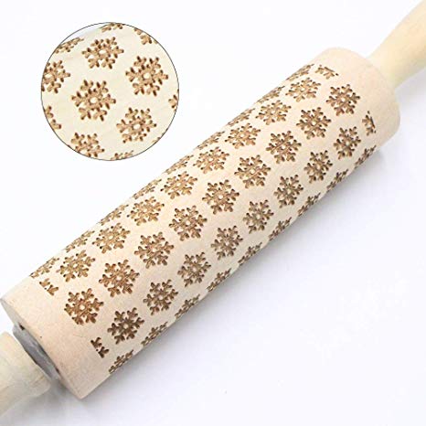 17" Christmas Wooden Rolling Pins, Embossing Thin Crust Rolling Pin with Christmas Tree Deer Pattern for Baking Kitchen Tool (snowflake)