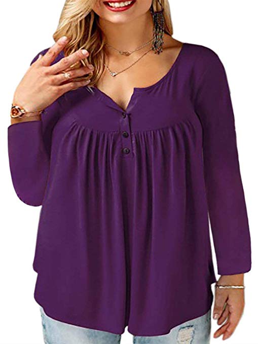 VISLILY Women's Plus Size Henley Shirt Long Sleeve Buttons Up Pleated Tunic Tops