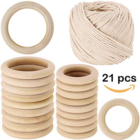 2 Size 20 PCS Unfinished Solid Wooden Rings Wooden Teething Ring Natural Wood Teething Rings and 109 yard Macrame Cotton Cord twisted cotton rope,1/6” Wide