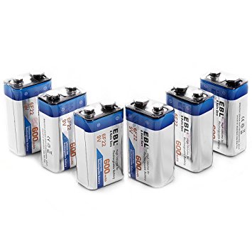 EBL 600mAh 9 Volt Li-ion Rechargeable 9V Batteries Lithium-ion, 6 Pack