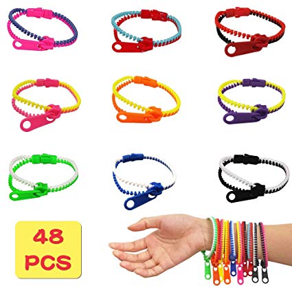 48 Pack Zipper Bracelets - Fidget Bracelet Party Sensory Bulk Bracelets Set Toys for Favors for School Students Kids Birthday