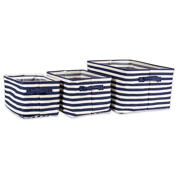 DII Cabana Stripe Collapsible Waterproof Coated Anti-mold Cotton Rectangle Basket Bin, Perfect For Laundry Room, Bedroom, Nursery, Dorm, Closet, and Home Organization, Assorted Set of 3 - French Blue