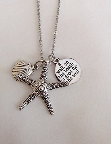 Beach necklace - Starfish - Shells - Walk on the beach is good for the soul necklace -stainless steel - laser printed - beach souvenirs, vacation momentos