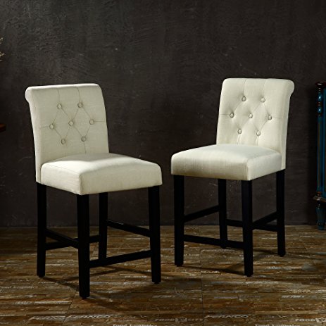 LSSBOUGHT Set of 2 Button-tufted Fabric Barstools Dining High Counter Height Side Chairs (Seat Height: 24", Beige)