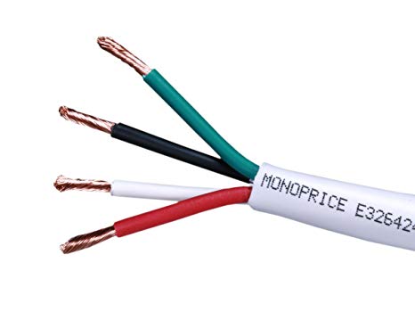 Monoprice Access Series 16 Gauge AWG CL2 Rated 4 Conductor Speaker Wire / Cable - 100ft Fire Safety In Wall Rated, Jacketed In White PVC Material 99.9% Oxygen-Free Pure Bare Copper