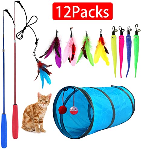 M JJYPET Retractable Cat Toy Wand,12 Packs Interactive Cat Feather Toys,9 Assorted Teaser Refills with Bell for Cat,Kitten