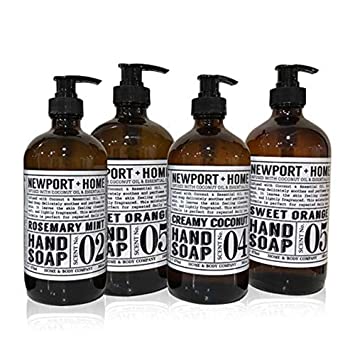 Newport Home Hand Soap Collection 16 FL/473ml Infused with Coconut Essential Oils, Rosemary Mint, Creamy Coconut & Sweet Orange (Set of 4)