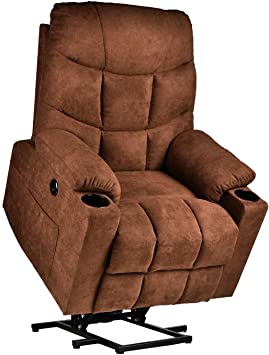 RELAXIXI Power Lift Recliner Chair, Electric Recliners for Elderly, Heated Vibration Massage Sofa with USB Ports, Remote Control, 3 Positions, 2 Side Pockets and Cup Holders (Linen, Chocolate)