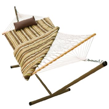 SueSport Rope Hammock Combo with 12 Feet Steel Stand, Pad and Pillow, 55 Inch Wide x 144 Inch Long, Desert Stripe