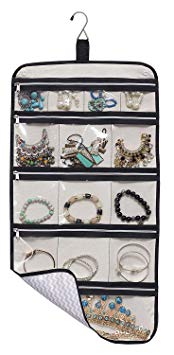 MISSLO Hanging Jewellery Organiser Travel Foldable Jewellery Roll Storage Case with 14 Cotton Zippered Pockets for Traveling, Wardrobe, Suitcase