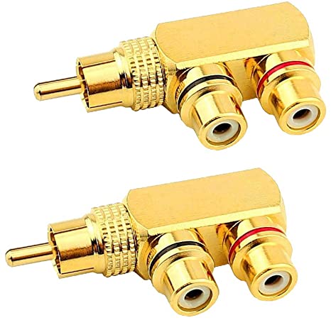 Kework 2-Pack 90 Degree Right Angle RCA Splitter,1RCA Male to 2RCA Female AV Splitter Adapter Connector,Gold Plated (1 to 2 Way)