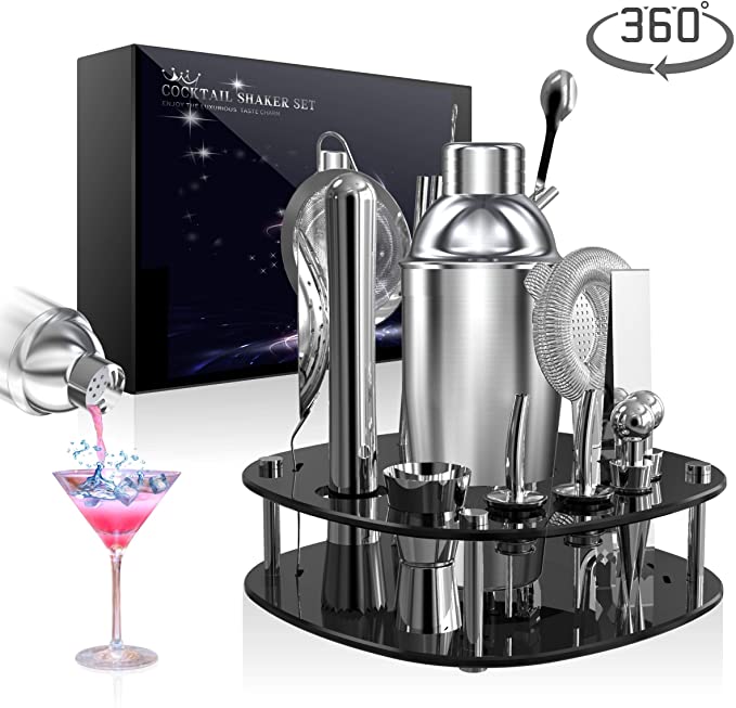 Tribe Glare 18 PCS Black Acrylic Cocktail Shaker Set Bartender Kit with Rotating Display Stand and Recipes Booklet