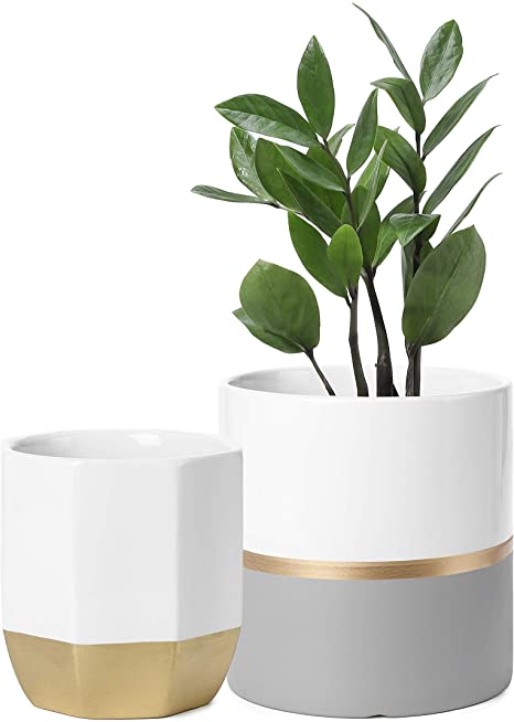 POTEY 052301 Ceramic Plant Pots Indoor Set of 2 - Modern Large Cylinder Planter   Medium Octagon Plant Pot, White Grey Golden Decorative Detailing Containers for Aloe Plants Flower (6.1 inch   5 inch)