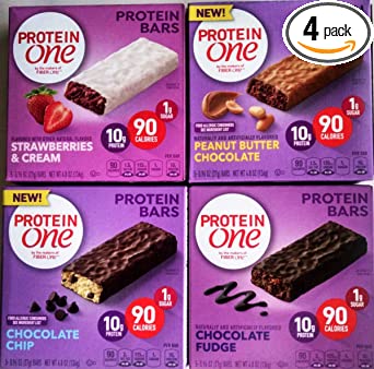 Protein One Protein Bars Variety - Chocolate Fudge, Chocolate Chip, Strawberries and Cream, and Peanut Butter Chocolate, 4 Pack