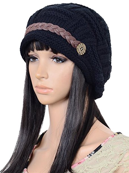 Women Winter Beanie Cabled Checker Pattern Knit Hat Button Strap Cap