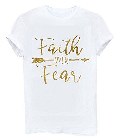 Enmeng Womens Faith Over Fear Graphic T-Shirts Casual Christian Shirts Tee Tops